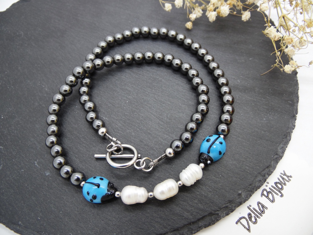 Colier handmade unicat - perle cultura, hematit, sticla Murano (cod1216) - bijuterii - coliere - coliere statement - Artynos.ro