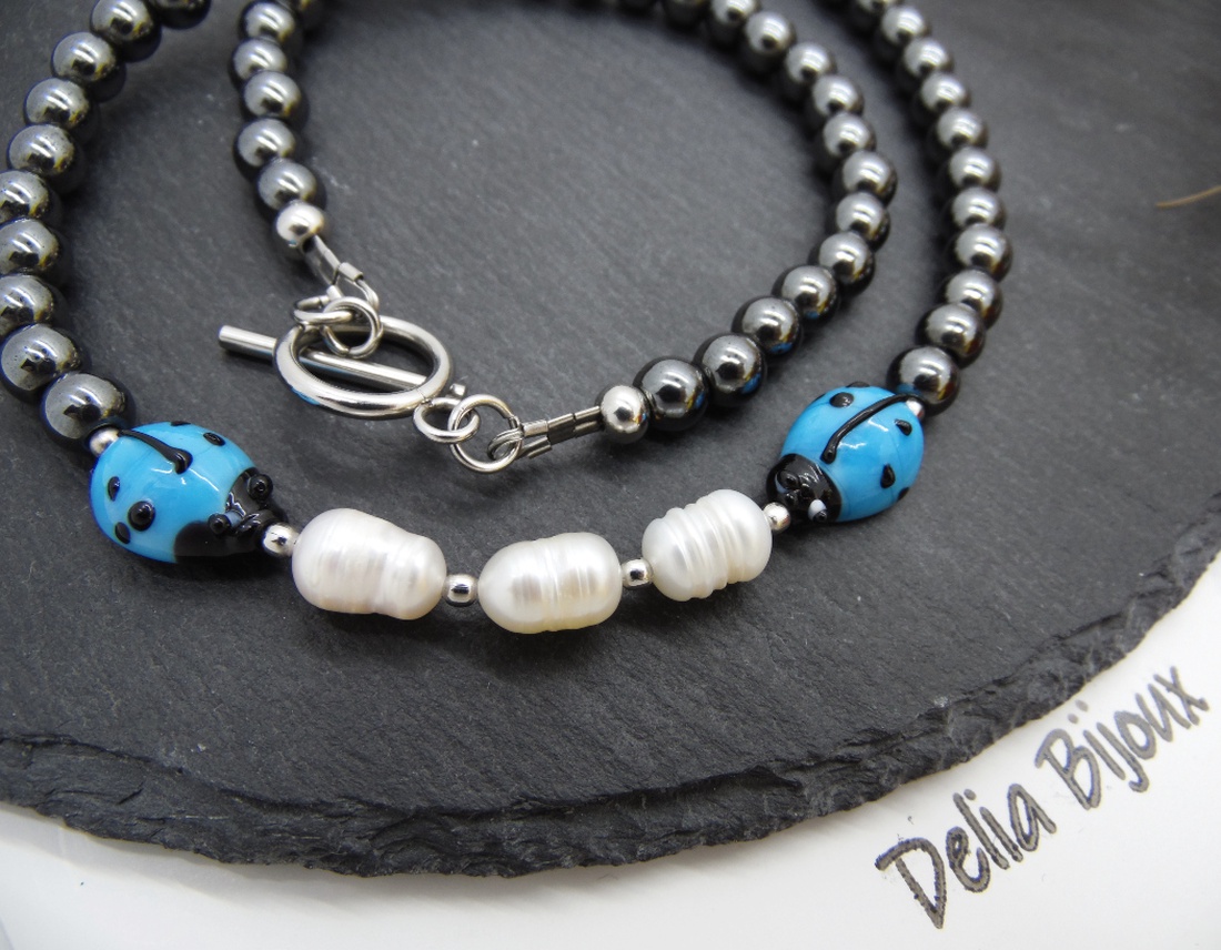 Colier handmade unicat - perle cultura, hematit, sticla Murano (cod1216) - bijuterii - coliere - coliere statement - Artynos.ro