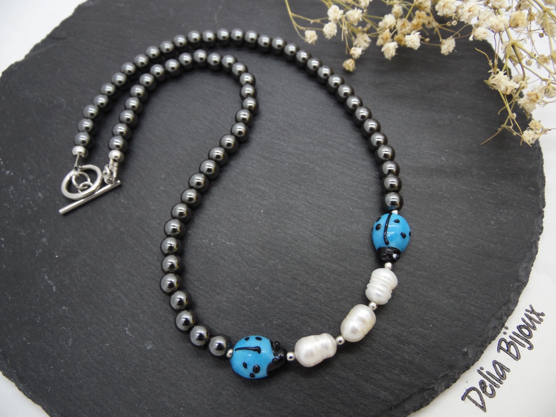 Colier handmade unicat - perle cultura, hematit, sticla Murano (cod1216) - bijuterii - coliere - coliere statement - Artynos.ro