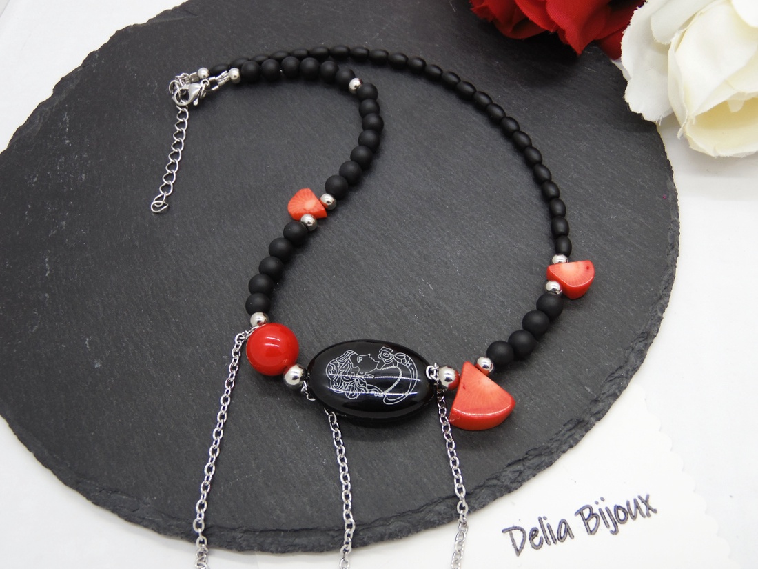 Colier handmade unicat - coral, onix, scoica (cod1211) - bijuterii - coliere - Artynos.ro