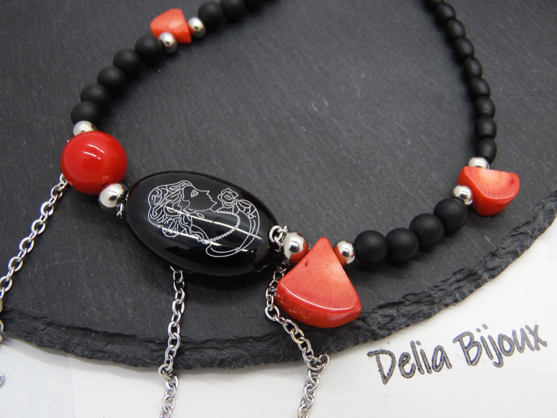 Colier handmade unicat - coral, onix, scoica (cod1211) - bijuterii - coliere - Artynos.ro