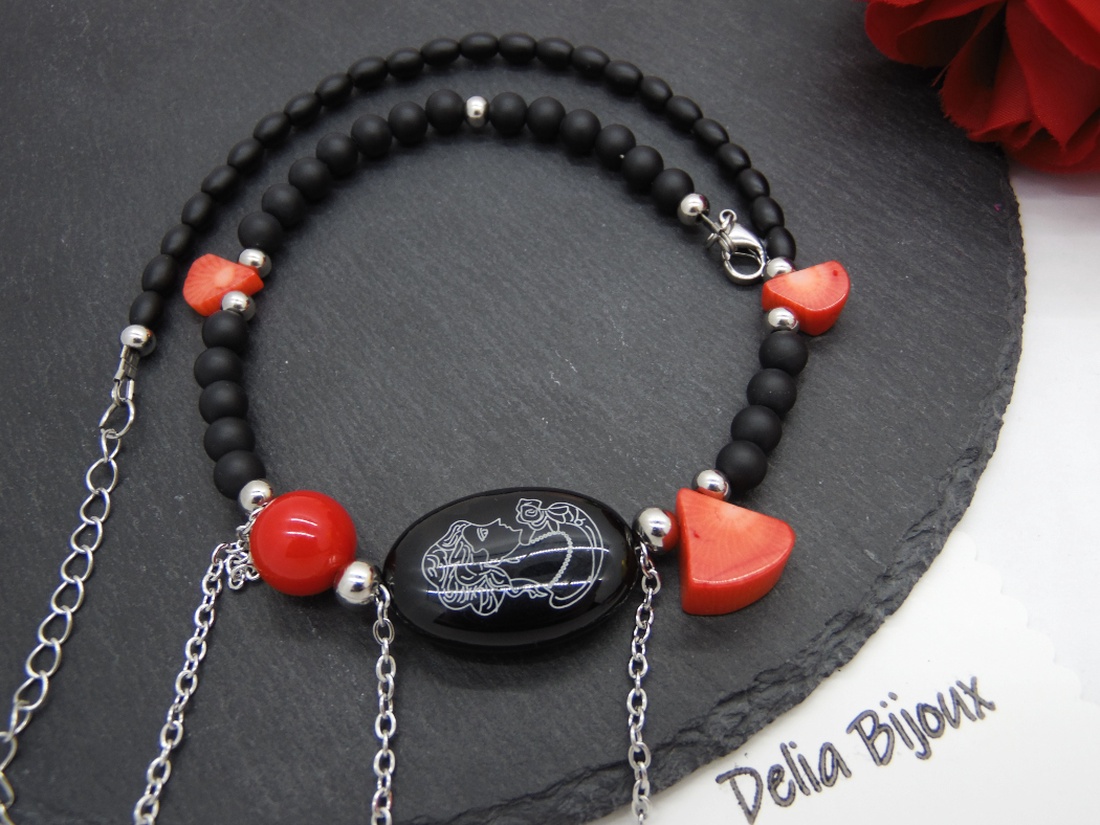 Colier handmade unicat - coral, onix, scoica (cod1211) - bijuterii - coliere - Artynos.ro