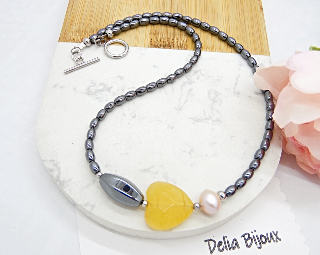 Colier handmade unicat - perla cultura, agata, hematit (cod1214) - bijuterii - coliere - Artynos.ro