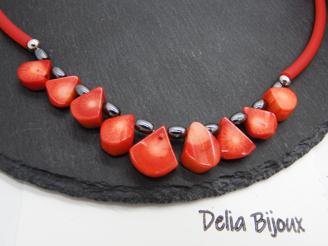 Colier handmade unicat - coral, hematit (cod1212) - bijuterii - coliere - coliere statement - Artynos.ro