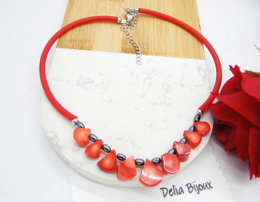 Colier handmade unicat - coral, hematit (cod1212) - bijuterii - coliere - coliere statement - Artynos.ro