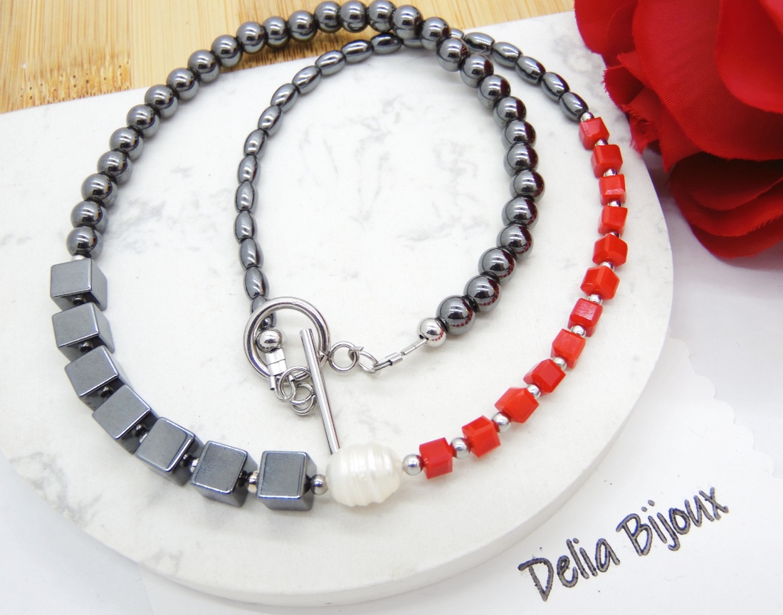 Colier handmade unicat - perla cultura, hematit (cod1210) - bijuterii - coliere - coliere statement - Artynos.ro