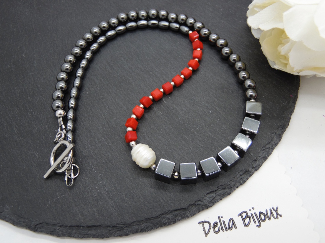 Colier handmade unicat - perla cultura, hematit (cod1210) - bijuterii - coliere - coliere statement - Artynos.ro