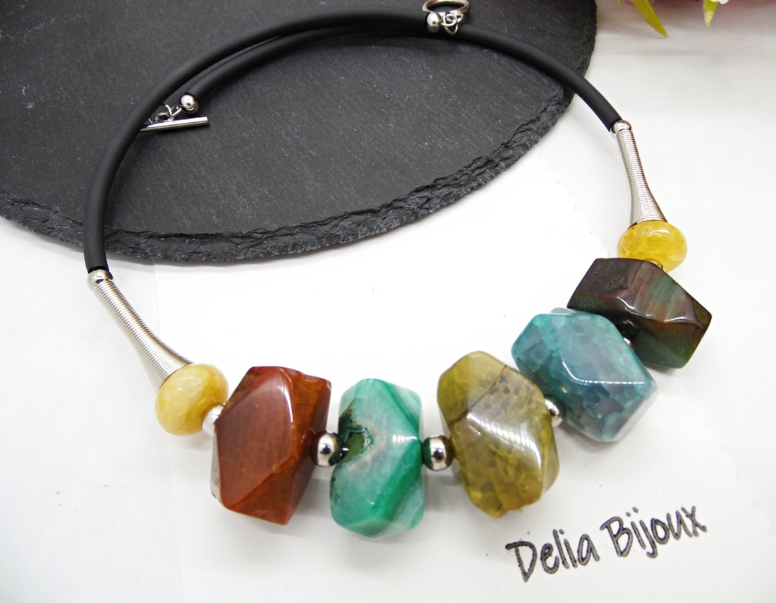 Colier statement handmade unicat agate multicolore (cod1195) - bijuterii - coliere - coliere statement - Artynos.ro