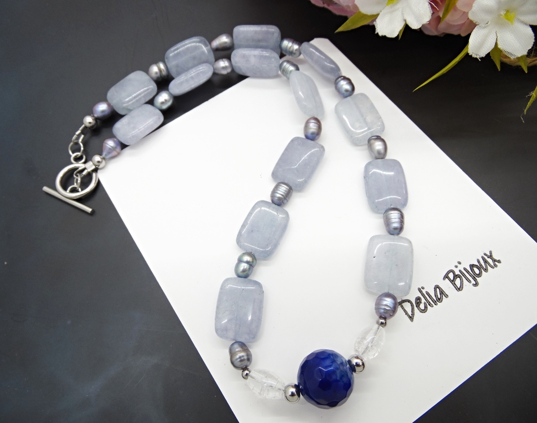 Colier handmade unicat - agat, jad, cristal stanca si perle cultura (cod1135) - bijuterii - coliere - coliere statement - Artynos.ro