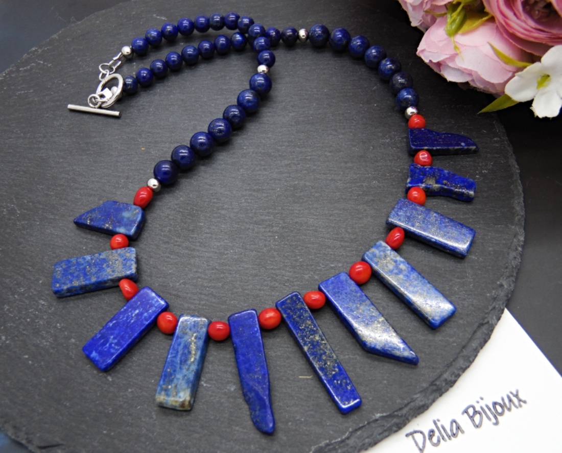 Colier handmade statement unicat - coral si lapis lazuli (cod1129) - bijuterii - coliere - coliere statement - Artynos.ro