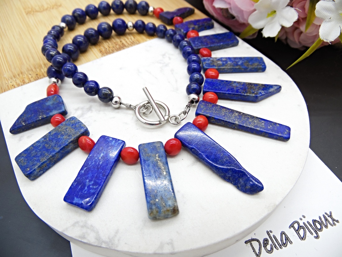 Colier handmade statement unicat - coral si lapis lazuli (cod1129) - bijuterii - coliere - coliere statement - Artynos.ro