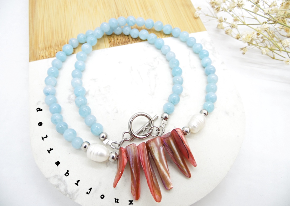 Colier handmade - angelit, sidef si perle cultura (cod1061) - bijuterii - coliere - coliere statement - Artynos.ro