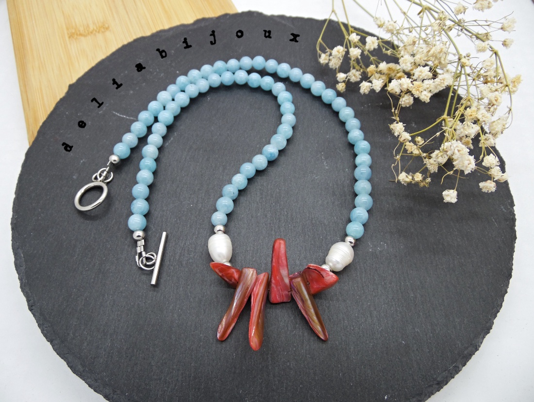 Colier handmade - angelit, sidef si perle cultura (cod1061) - bijuterii - coliere - coliere statement - Artynos.ro