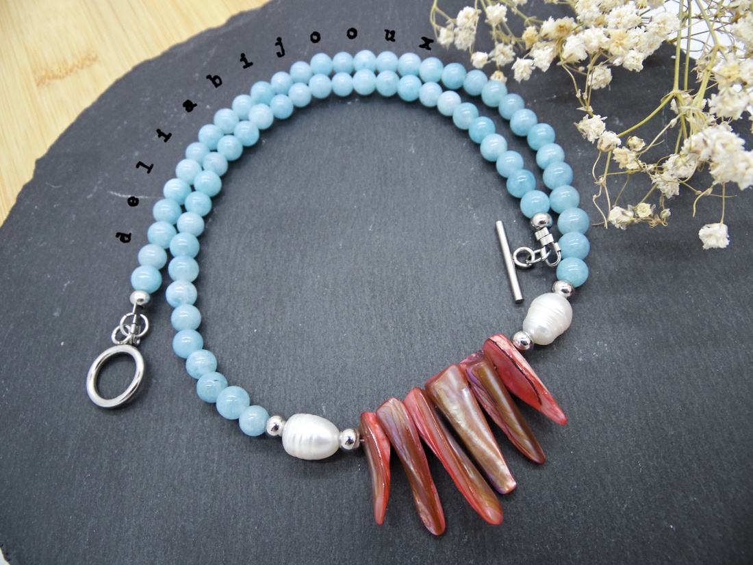 Colier handmade - angelit, sidef si perle cultura (cod1061) - bijuterii - coliere - coliere statement - Artynos.ro
