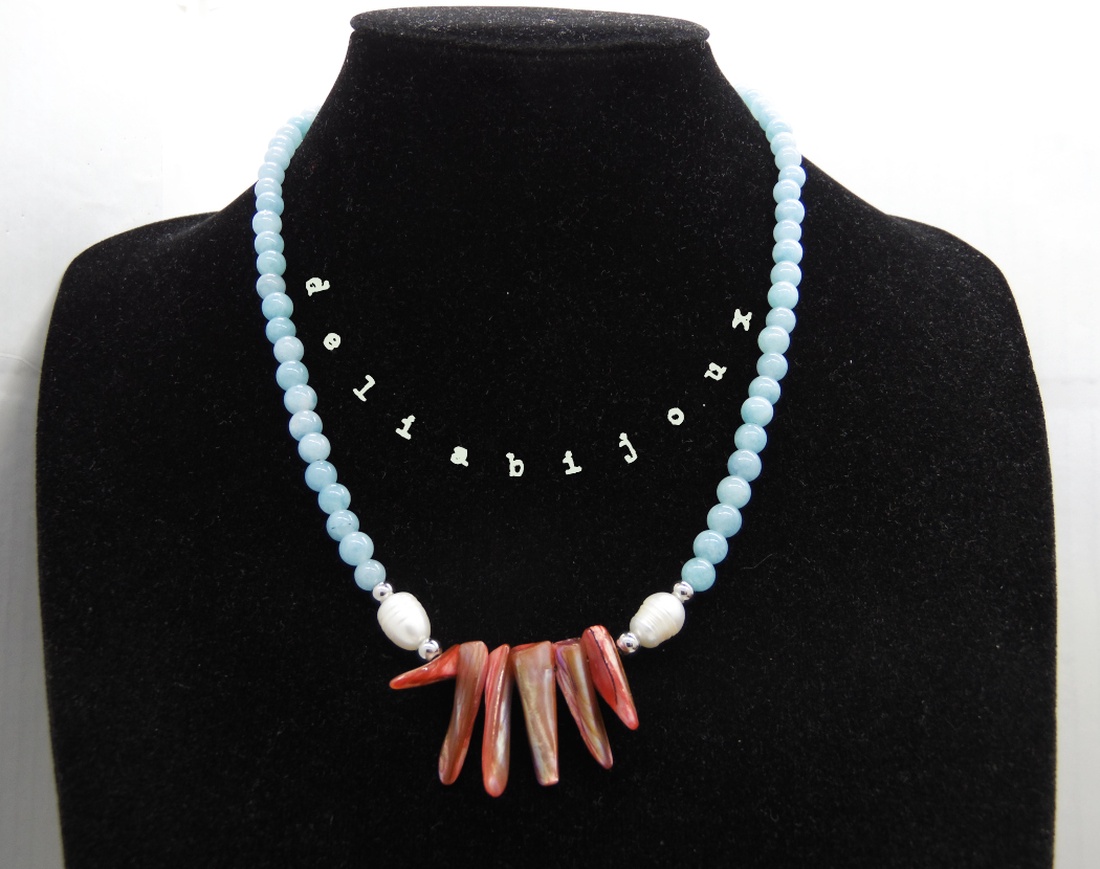 Colier handmade - angelit, sidef si perle cultura (cod1061) - bijuterii - coliere - coliere statement - Artynos.ro