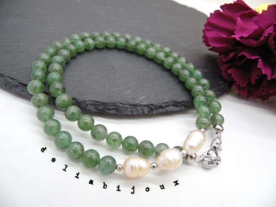 Colier handmade - aventurin si perle cultura (cod1044) - bijuterii - coliere - coliere statement - Artynos.ro