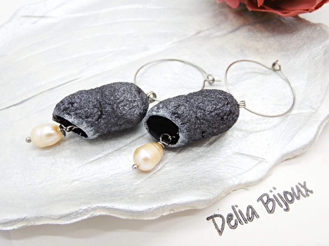 Cercei handmade din coconi de mătase cu perlă naturală (cod1309) - bijuterii - cercei - Artynos.ro