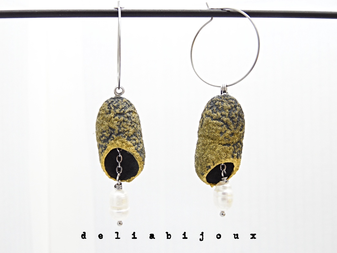 Cercei handmade din coconi de mătase cu perlă naturală (cod1310) -  - Artynos.ro