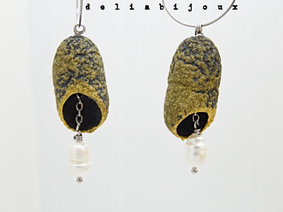 Cercei handmade din coconi de mătase cu perlă naturală (cod1310) -  - Artynos.ro