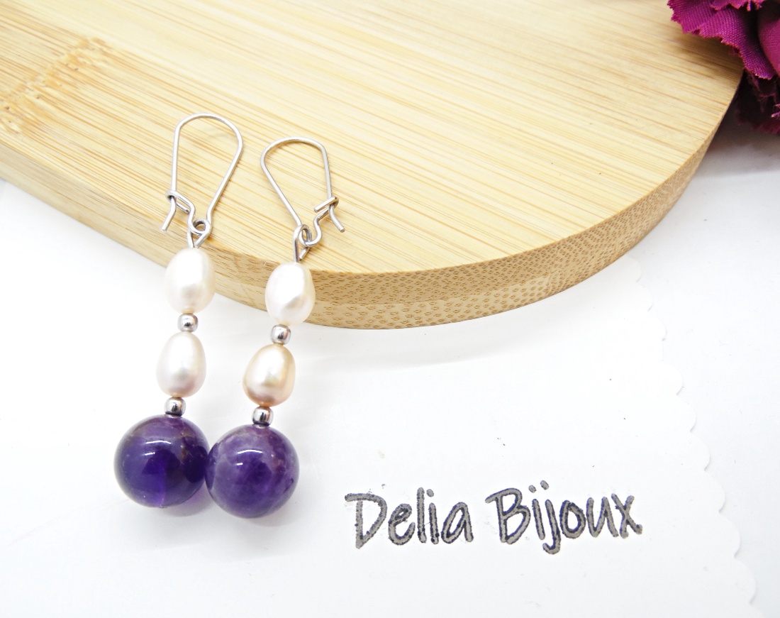 Cercei handmade cu ametist natural și perle de cultură bijuterii elegante unicat (cod1303) - bijuterii - cercei - Artynos.ro