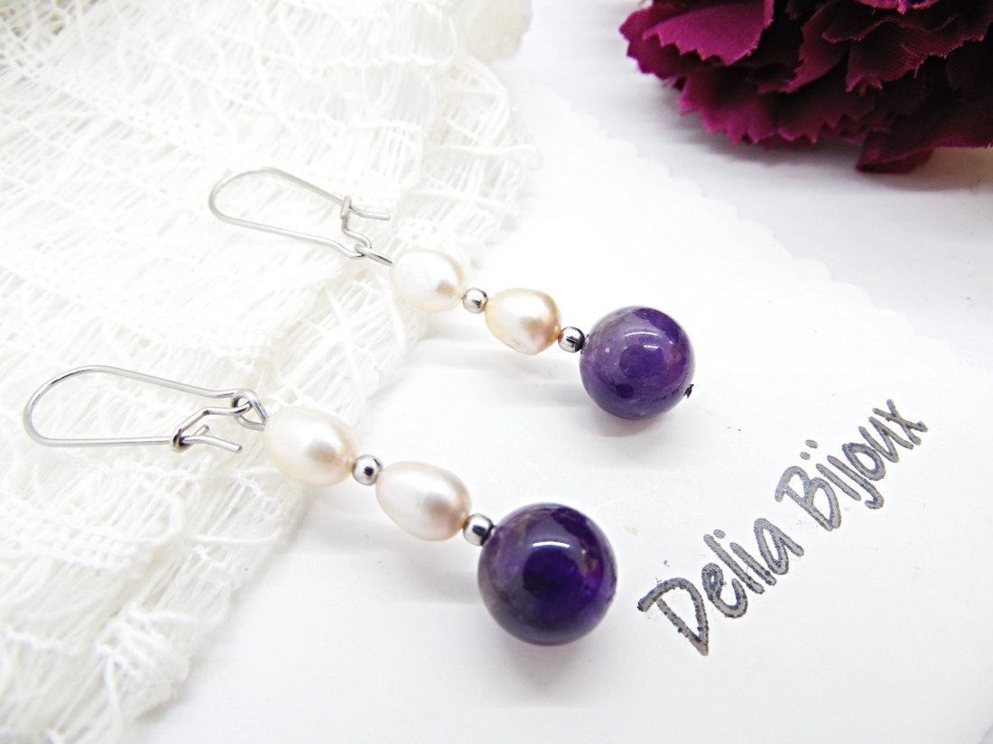 Cercei handmade cu ametist natural și perle de cultură bijuterii elegante unicat (cod1303) - bijuterii - cercei - Artynos.ro