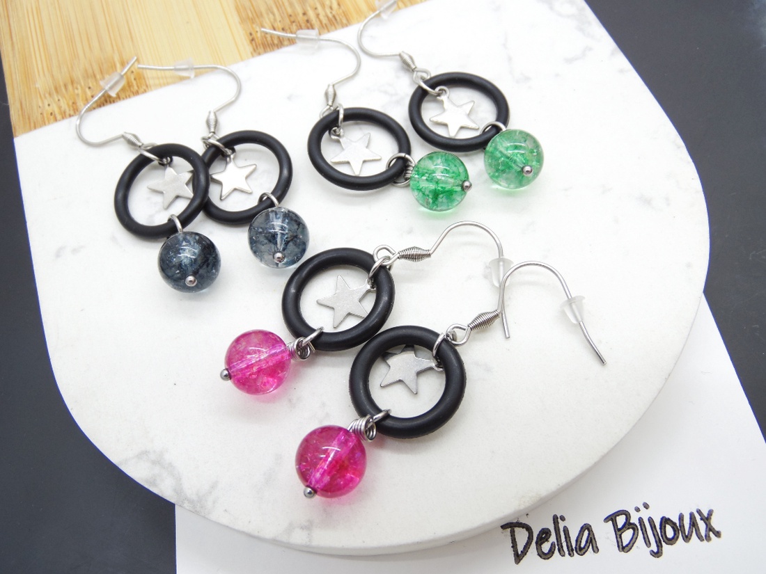 Cercei handmade statement - Stil Industrial - margele sticla si cauciuc (cod1116) - bijuterii - cercei - Artynos.ro