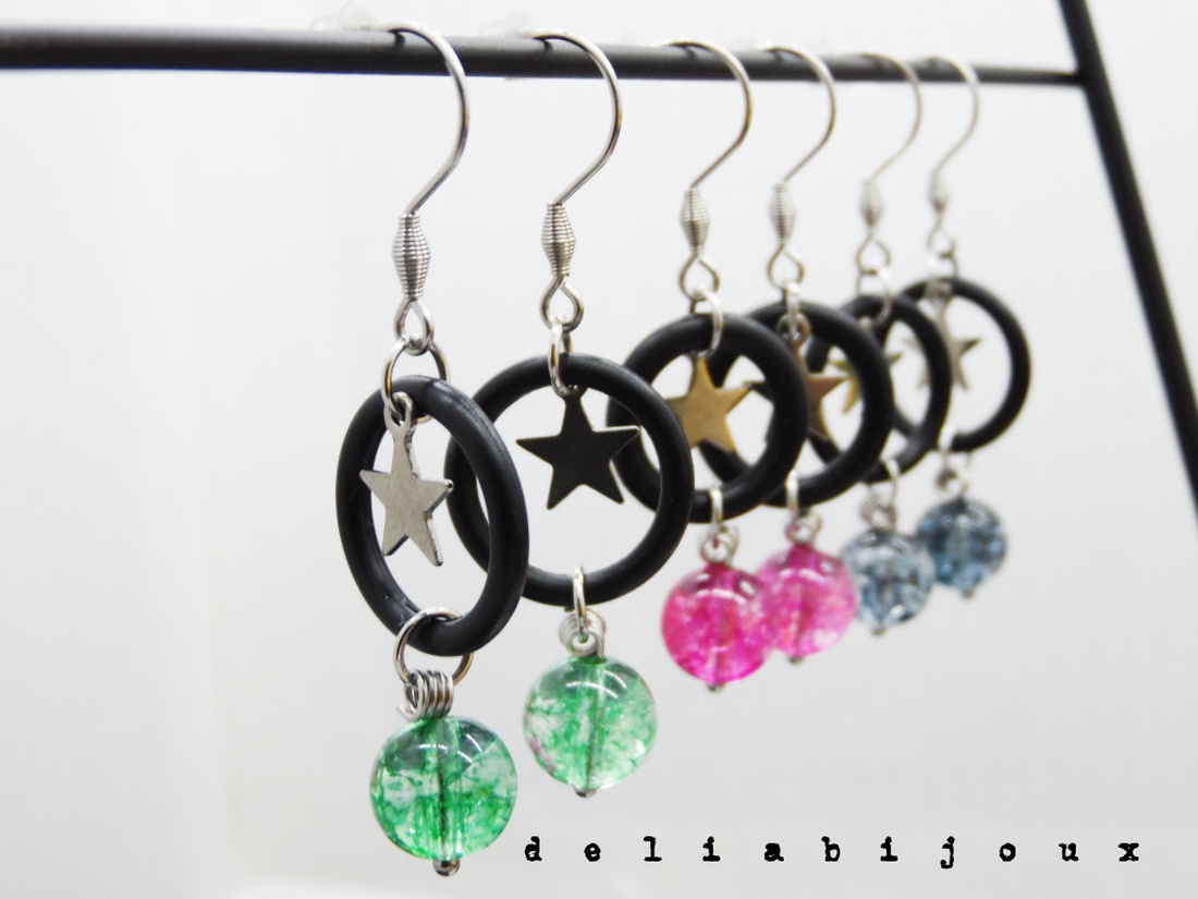 Cercei handmade statement - Stil Industrial - margele sticla si cauciuc (cod1116) - bijuterii - cercei - Artynos.ro