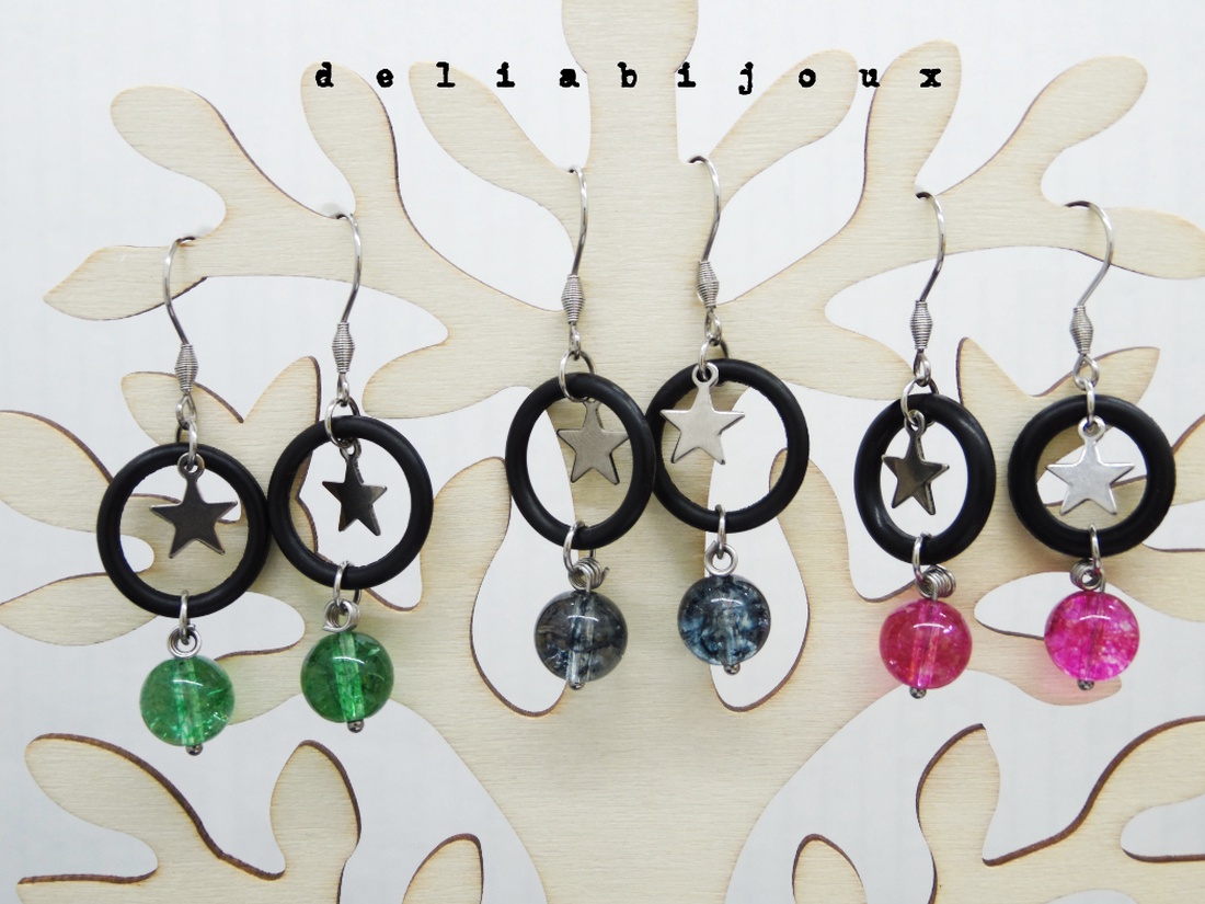 Cercei handmade statement - Stil Industrial - margele sticla si cauciuc (cod1116) - bijuterii - cercei - Artynos.ro