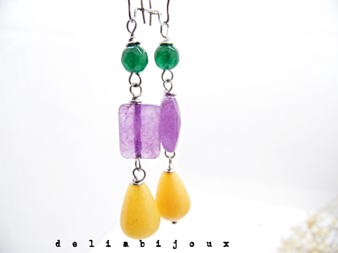 Cercei handmade cu jad galben, ametist și jad verde combinație vibrantă de pietre naturale (cod1336) - bijuterii - cercei - cercei din pietre semiprețioase - Artynos.ro