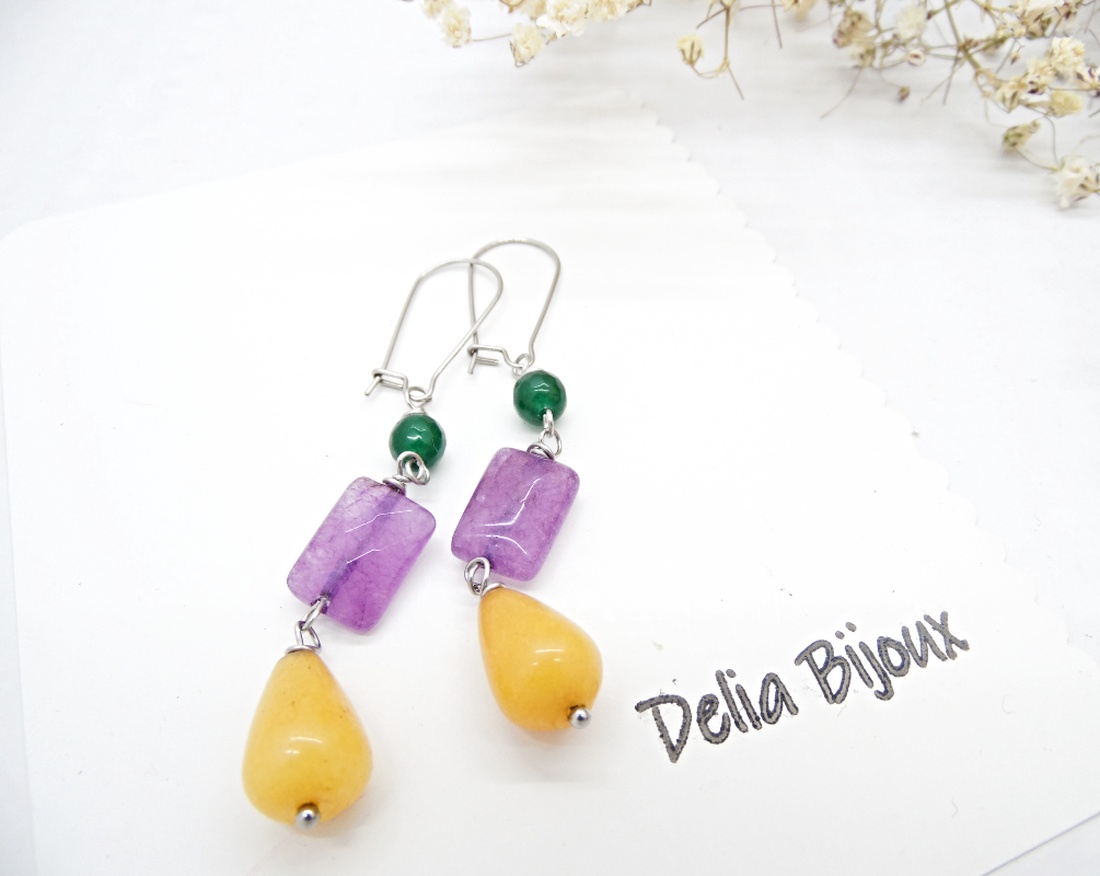 Cercei handmade cu jad galben, ametist și jad verde combinație vibrantă de pietre naturale (cod1336) - bijuterii - cercei - cercei din pietre semiprețioase - Artynos.ro