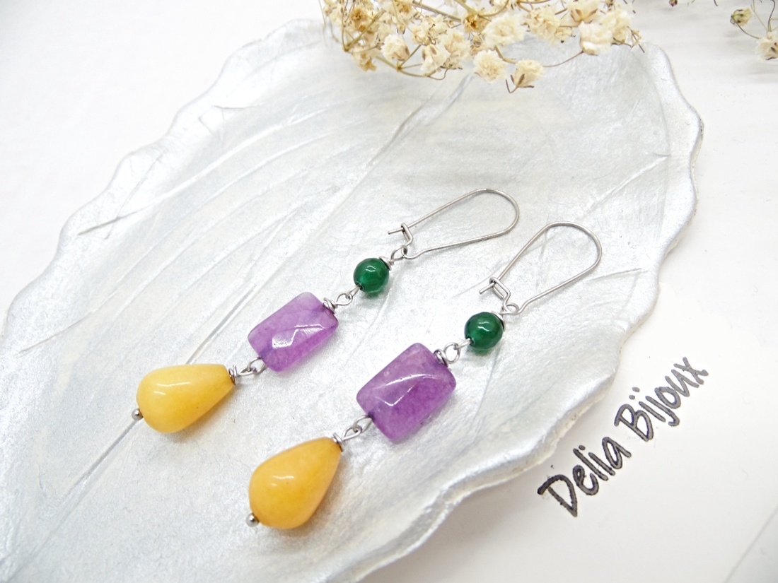 Cercei handmade cu jad galben, ametist și jad verde combinație vibrantă de pietre naturale (cod1336) - bijuterii - cercei - cercei din pietre semiprețioase - Artynos.ro