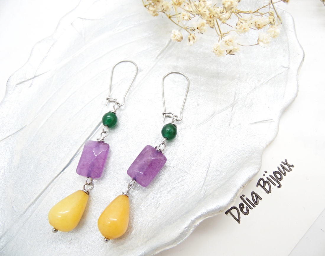 Cercei handmade cu jad galben, ametist și jad verde combinație vibrantă de pietre naturale (cod1336) - bijuterii - cercei - cercei din pietre semiprețioase - Artynos.ro
