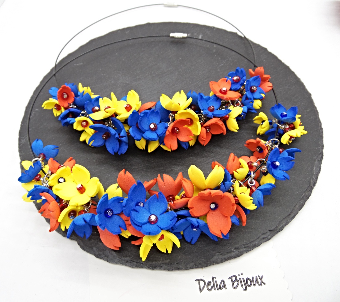 Colier handmade statement - Tricolorul Romaniei (cod1330) - bijuterii - coliere - coliere din mărgele - Artynos.ro