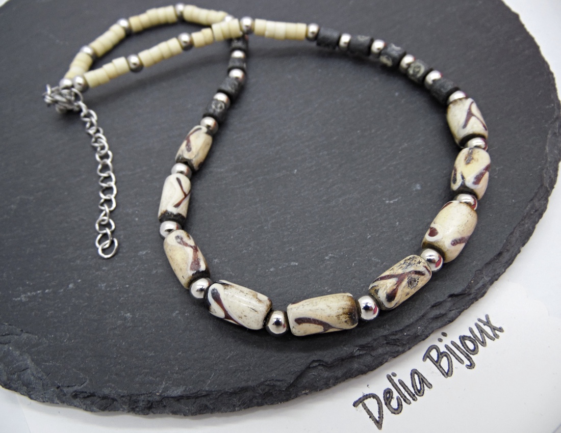 Colier handmade cu mărgele din os stil tribal - etnic (cod1346) - bijuterii - coliere - coliere din mărgele - Artynos.ro