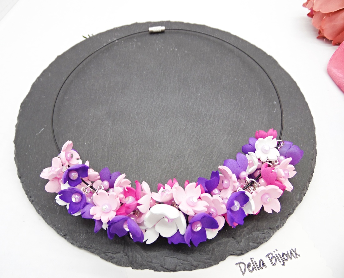 Colier handmade statement cu flori multicolore (cod1349) - bijuterii - coliere - coliere din mărgele - Artynos.ro