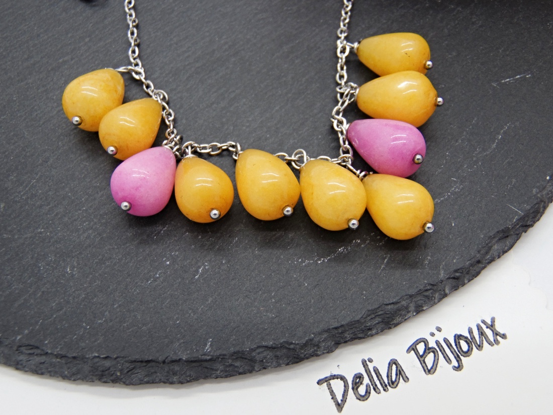 Colier handmade din jad galben și roz bijuterii unicat (cod1350) - bijuterii - coliere - coliere din pietre semiprețioase - Artynos.ro