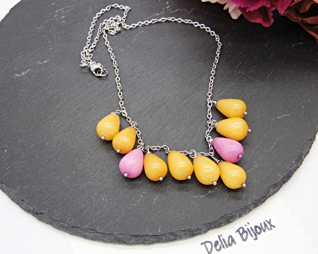 Colier handmade din jad galben și roz bijuterii unicat (cod1350) - bijuterii - coliere - coliere din pietre semiprețioase - Artynos.ro