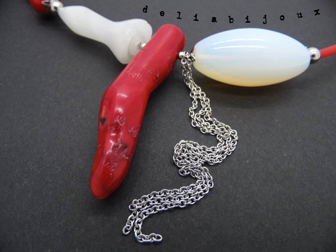 Colier handmade unicat - coral, opalit, agata (cod632) - bijuterii - coliere - coliere din pietre semiprețioase - Artynos.ro