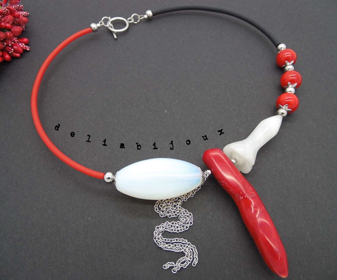 Colier handmade unicat - coral, opalit, agata (cod632) - bijuterii - coliere - coliere din pietre semiprețioase - Artynos.ro