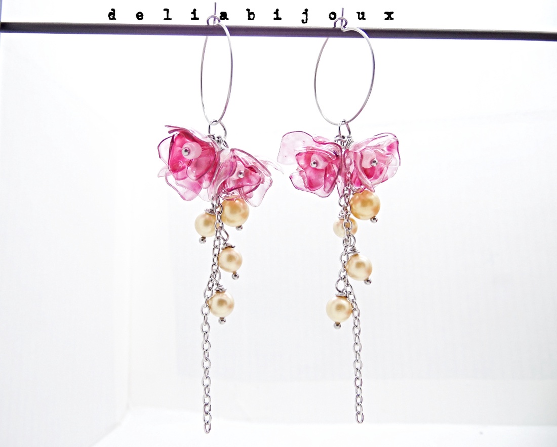 Cercei statement handmade unicat - PET-uri (plastic) reciclate - flori (cod1353) - bijuterii - cercei - cercei lungi - Artynos.ro