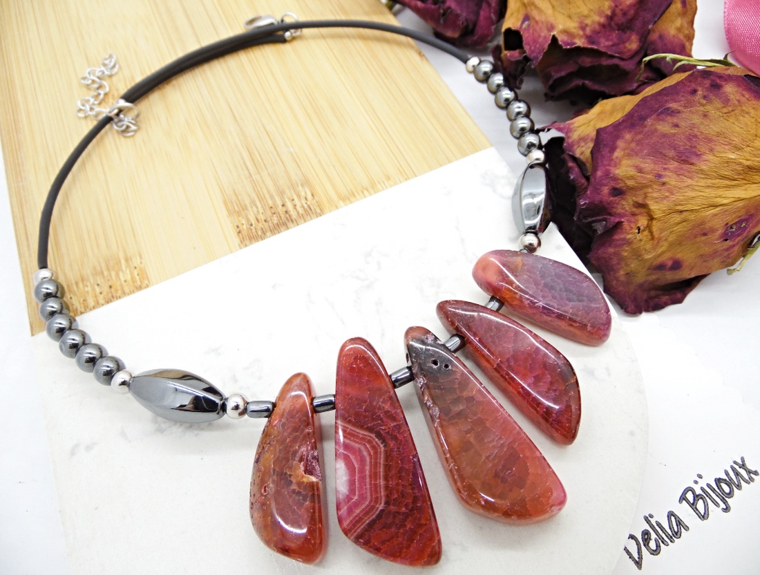 Colier Statement Handmade din Agate si hematit- design modern, elegant și plin de personalitate (cod1354) - bijuterii - coliere - coliere din pietre semiprețioase - Artynos.ro
