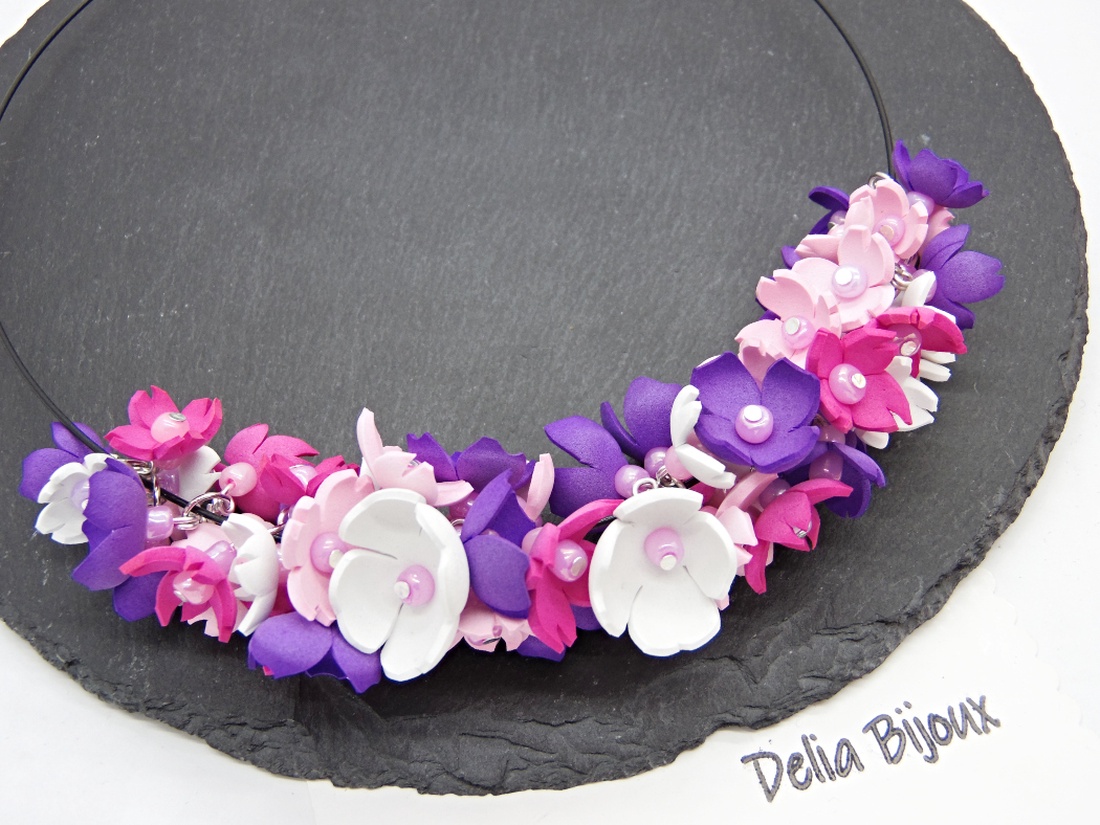 Colier handmade statement cu flori multicolore (cod1349) - bijuterii - coliere - coliere din mărgele - Artynos.ro