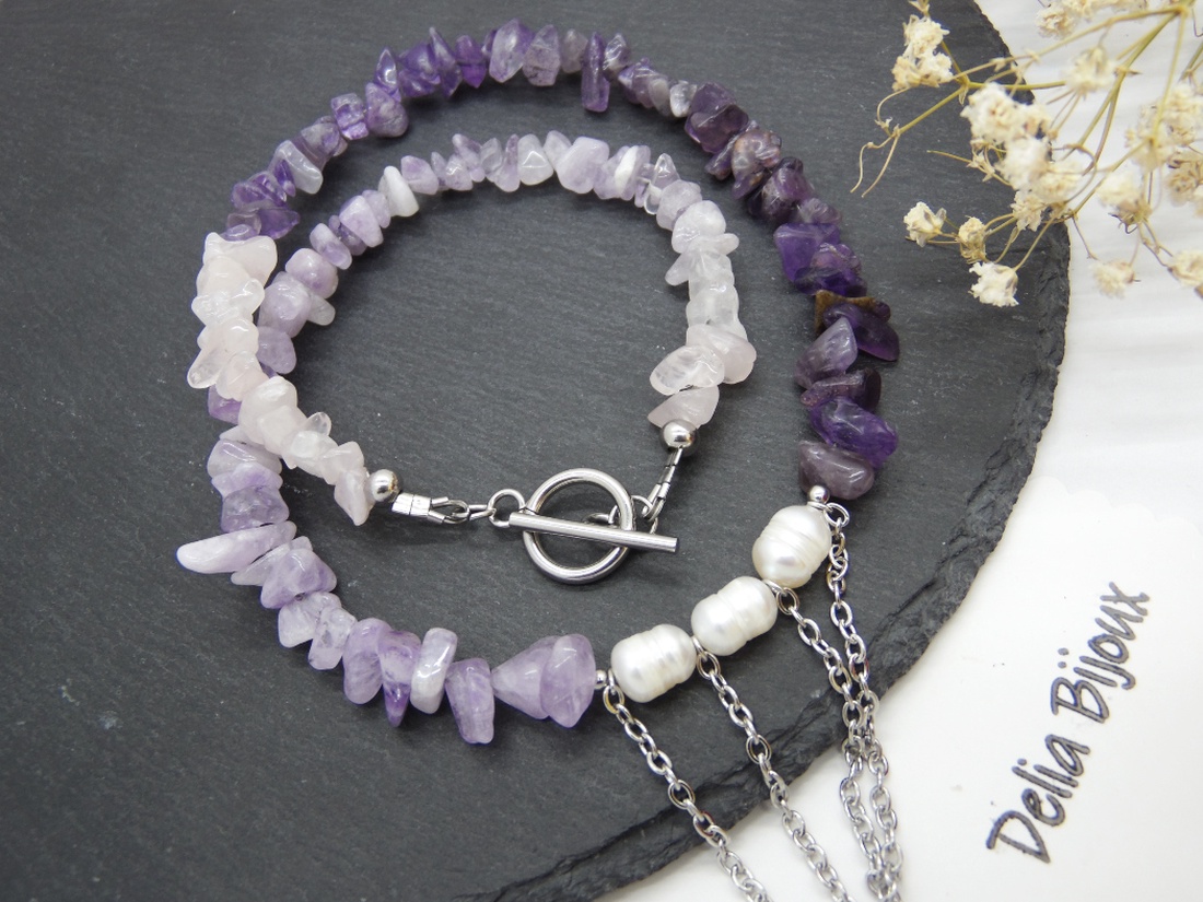 Colier handmade unicat - ametist, cuart si perle cultura (cod1219) - bijuterii - coliere - coliere din pietre semiprețioase - Artynos.ro