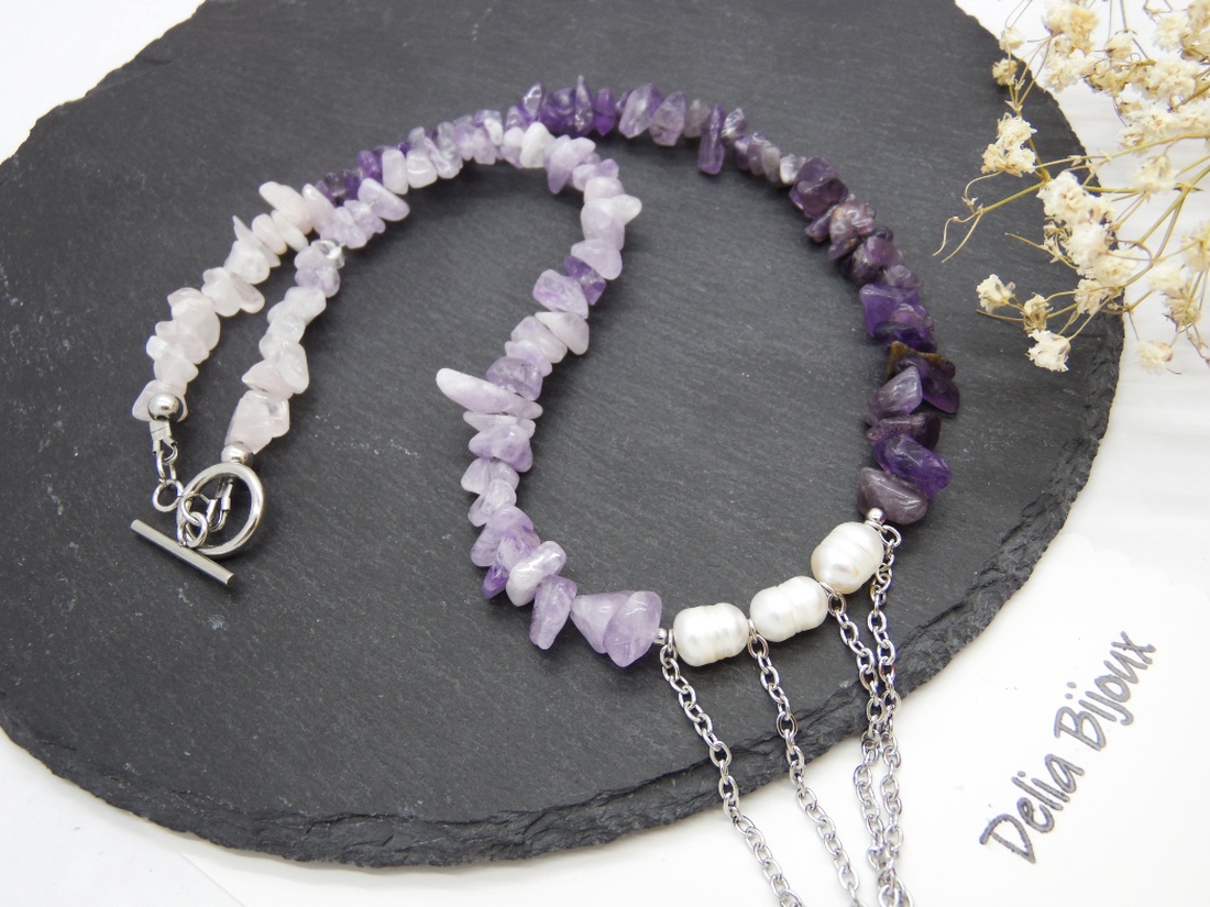 Colier handmade unicat - ametist, cuart si perle cultura (cod1219) - bijuterii - coliere - coliere din pietre semiprețioase - Artynos.ro