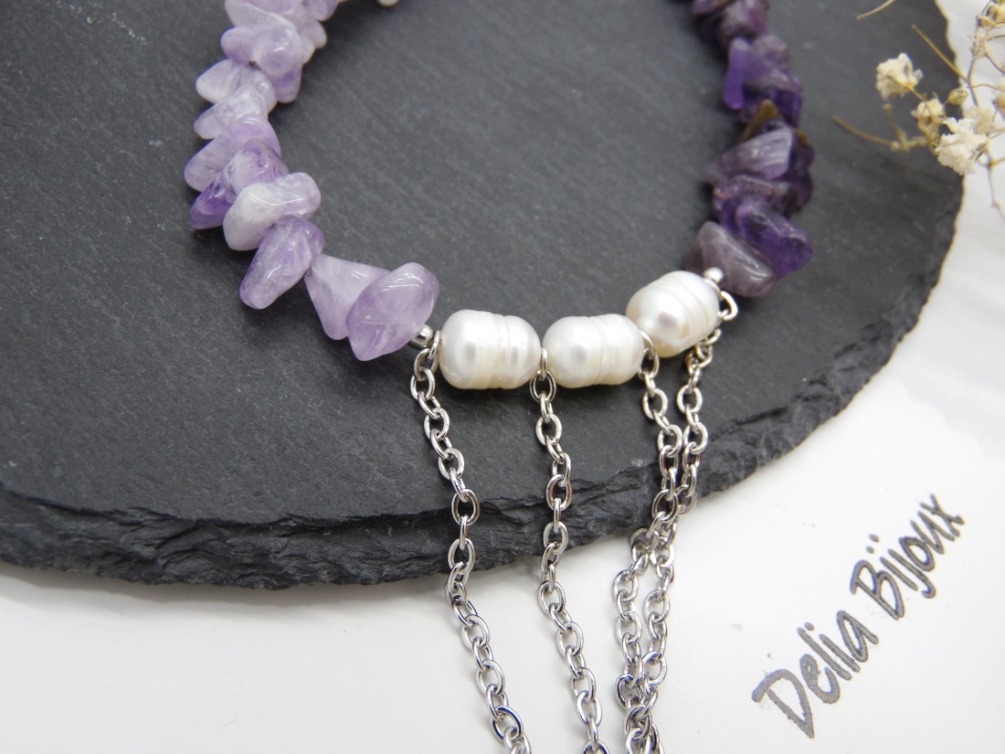 Colier handmade unicat - ametist, cuart si perle cultura (cod1219) - bijuterii - coliere - coliere din pietre semiprețioase - Artynos.ro