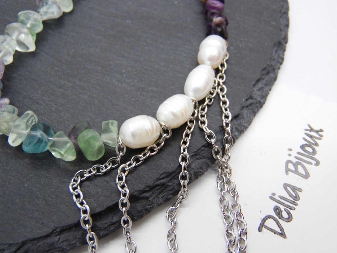 Colier handmade unicat - fluorit si perle cultura (cod1217) - bijuterii - coliere - coliere din pietre semiprețioase - Artynos.ro