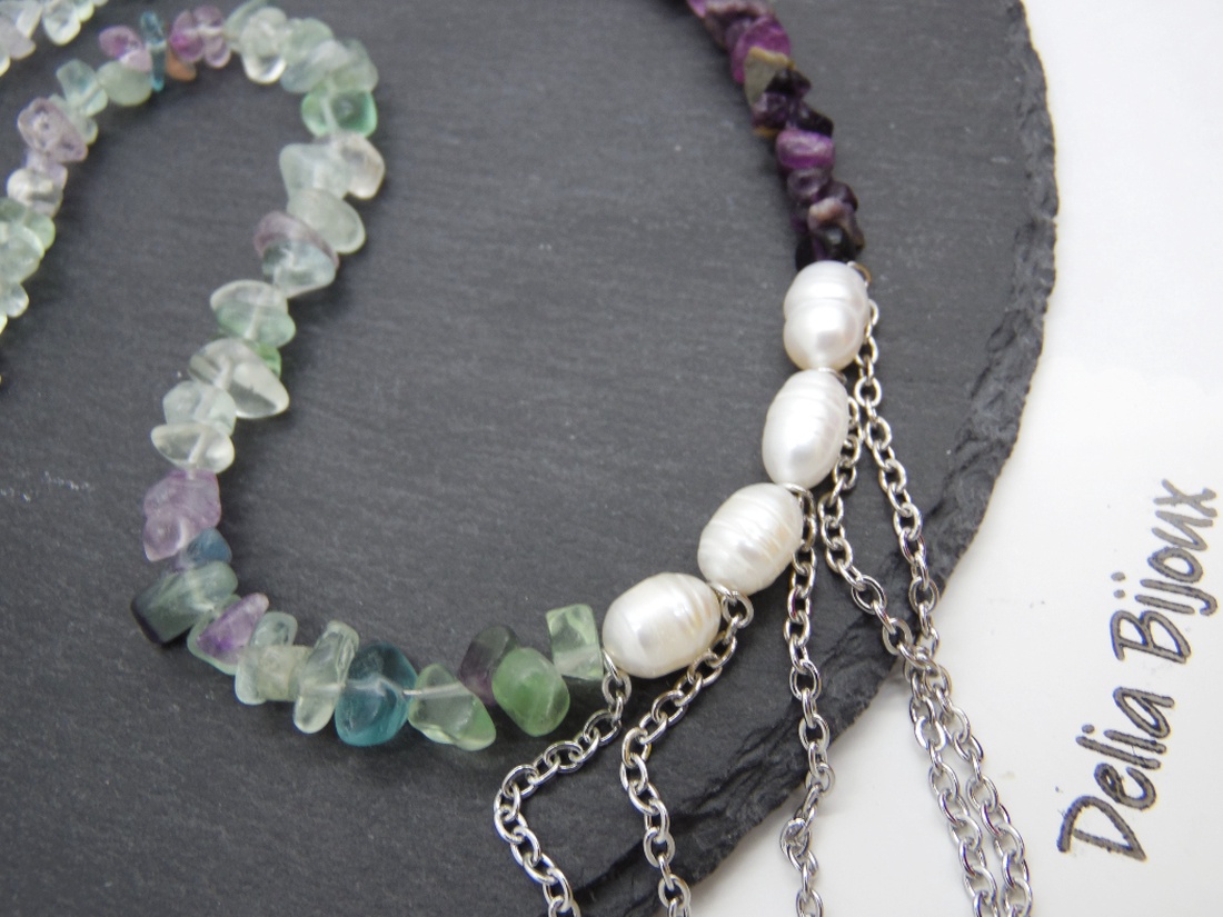 Colier handmade unicat - fluorit si perle cultura (cod1217) - bijuterii - coliere - coliere din pietre semiprețioase - Artynos.ro