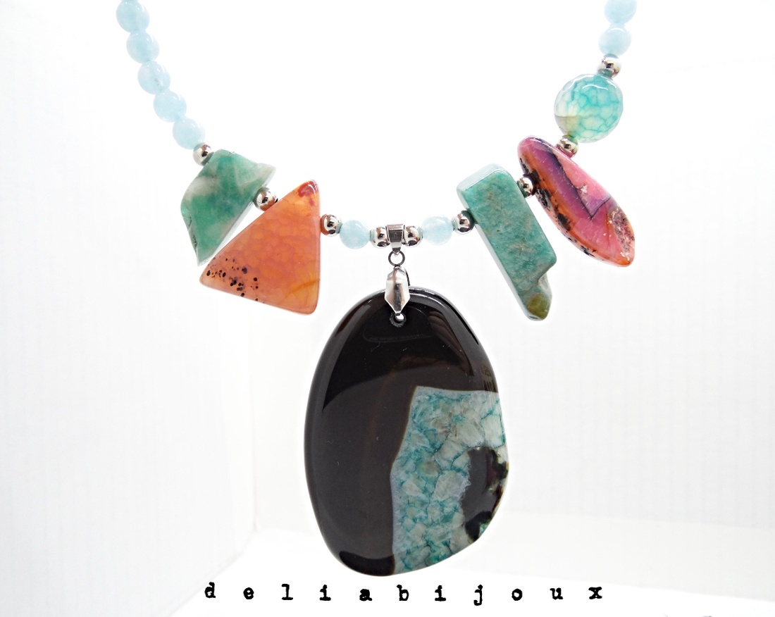 Colier statement - agat, angelit și amazonit bijuterie handmade cu pietre naturale (cod1355) - bijuterii - coliere - coliere din pietre semiprețioase - Artynos.ro