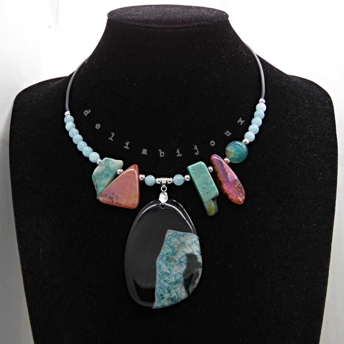 Colier statement - agat, angelit și amazonit bijuterie handmade cu pietre naturale (cod1355) - bijuterii - coliere - coliere din pietre semiprețioase - Artynos.ro