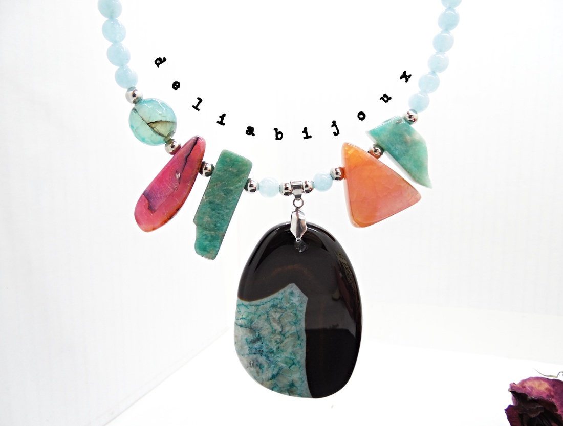 Colier statement - agat, angelit și amazonit bijuterie handmade cu pietre naturale (cod1355) - bijuterii - coliere - coliere din pietre semiprețioase - Artynos.ro